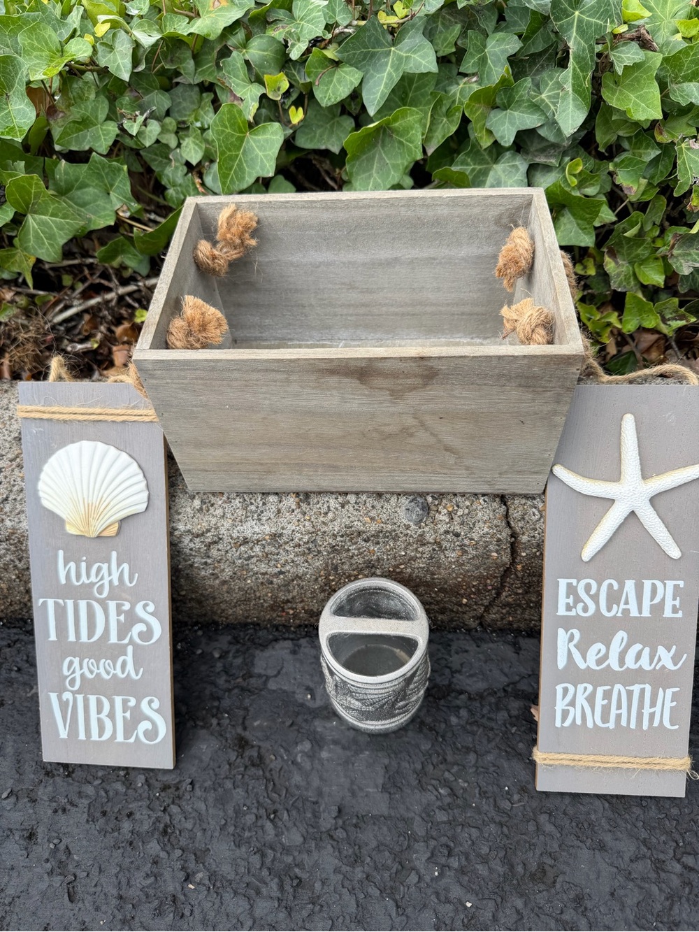 Coastal Gray Wooden Vanity Tray with Rope Accents